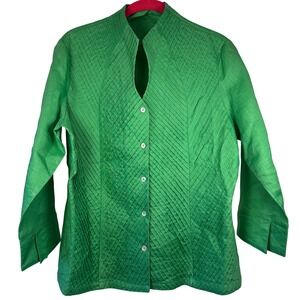 Appraisal Women Green Pleated Mandarin Collar Button Front 100% Ramie Top Size M